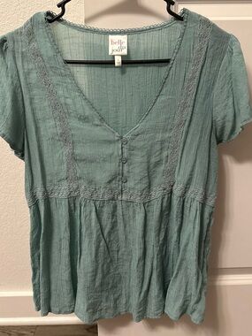 Belle Du Jour Light Teal Short-Sleeve Lace-Trim V-Neck Blouse